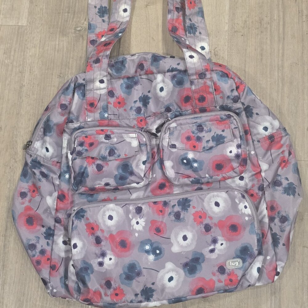 LUG Puddle Jumper Packable Carry All Shoulder Bag Gray Pink Floral NWOT